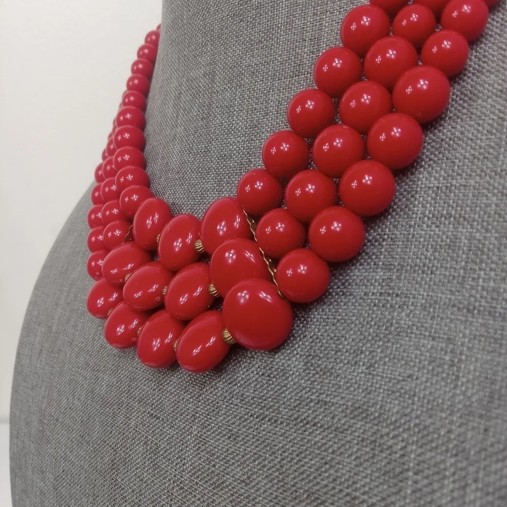 Vintage Red Triple Strand Graduated Bead Necklace with Extender Goldtone Accents